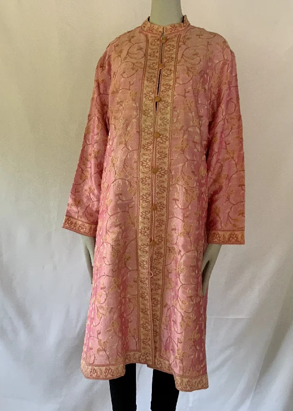 Hand Embroidered Long Jacket -  Pink Fleece Jacket Down Jacket Feather Jacket