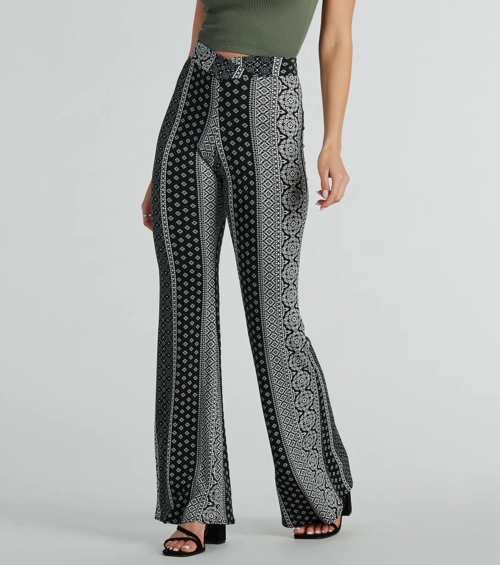 Breezy Vibes Boho Print Knit Flare Pants Soft Stretch Trousers