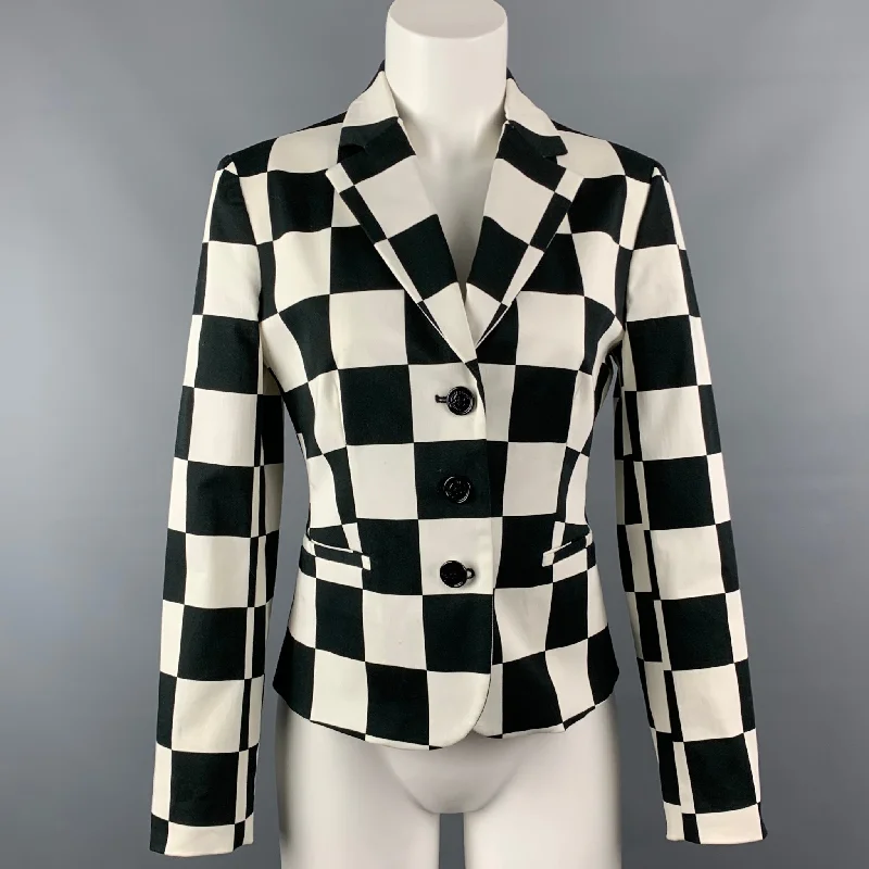 LOVE MOSCHINO Size 6 Black & White Checkered Cotton Jacket Welt Pockets Slit Pockets Flap Pockets LOVE MOSCHINO Size 6 Black & White Checkered Cotton Jacket Welt Pockets Slit Pockets Flap Pockets