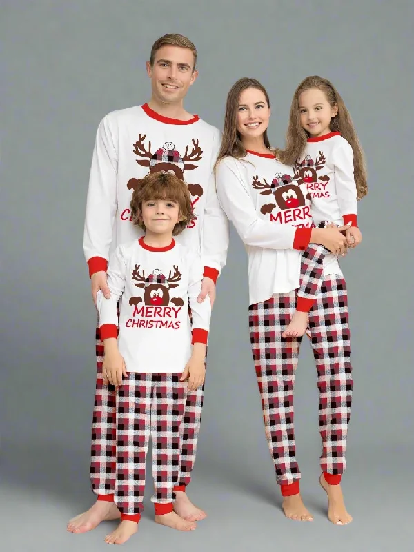 Family Matching Christmas Pajama Set - Plaid Pants with Adorable Reindeer Print in White & Red Warm Wool Trousers