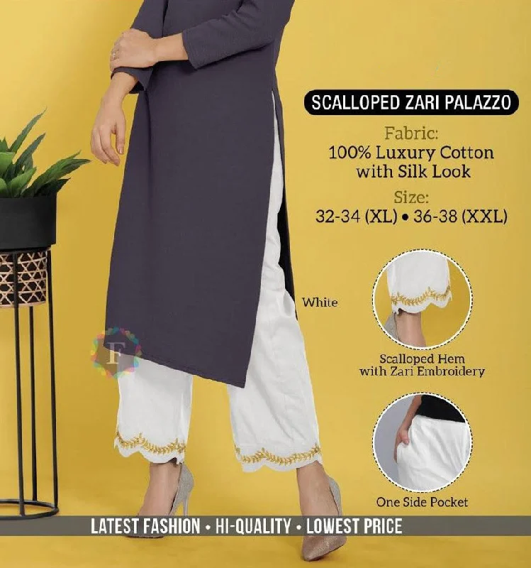 White Cotton Palazzo Pants with Zari Embroidery Trendy Wide-Leg Pants