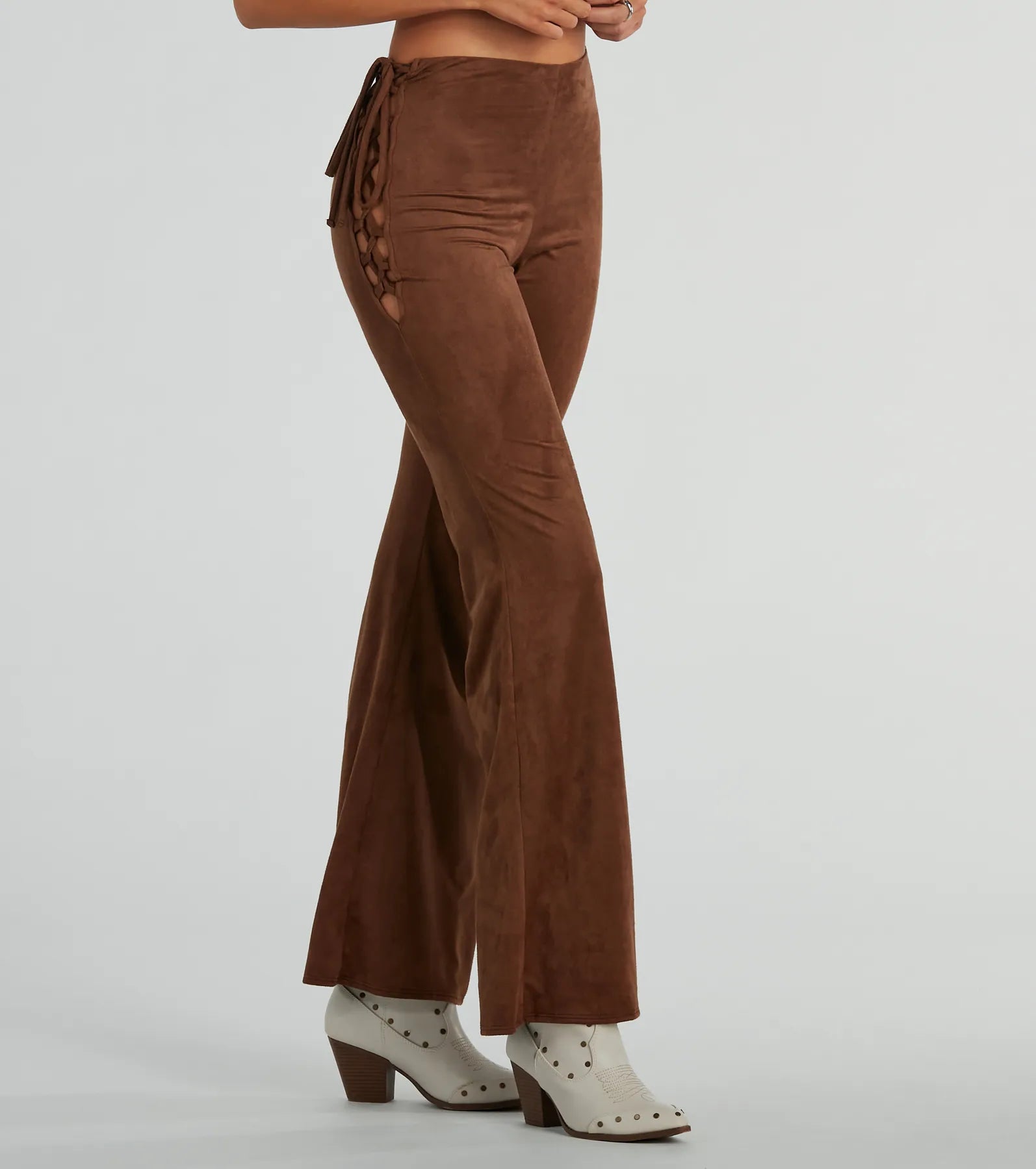 All Laced-Up Flare Faux Suede Pants Chic Black Leggings