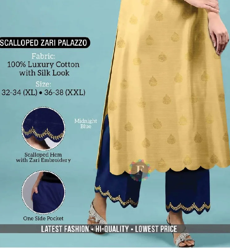Blue Cotton Palazzo Pants with Zari Embroidery Fashionable Tapered Leg Pants