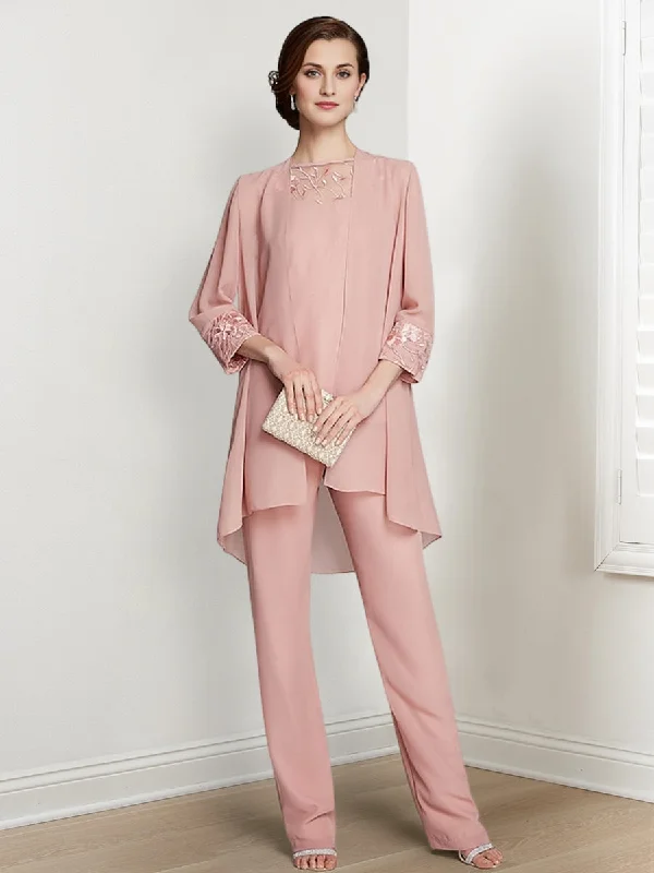 Chiffon Square Neck Long Sleeves Floor-Length Mother Of The Bride Pantsuits With Jacket Lightweight Jogger Pants