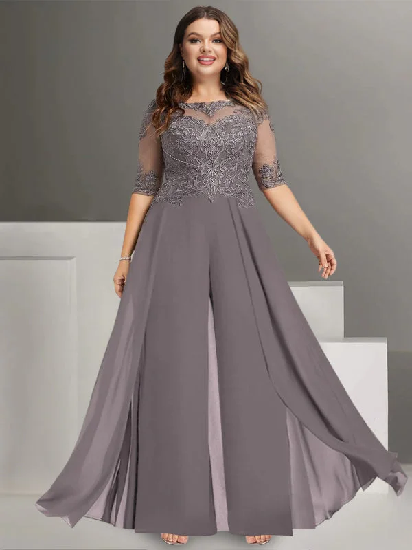 Chiffon Jewel Neck Half Sleeves Ankle-Length Plus Size Mother of the Bride Pantsuits with Lace Classic Straight-Leg Pants