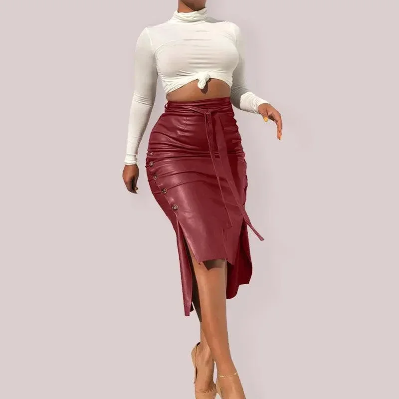 Belted Leather Pencil Midi Skirt with Slit denim skirt fashionable