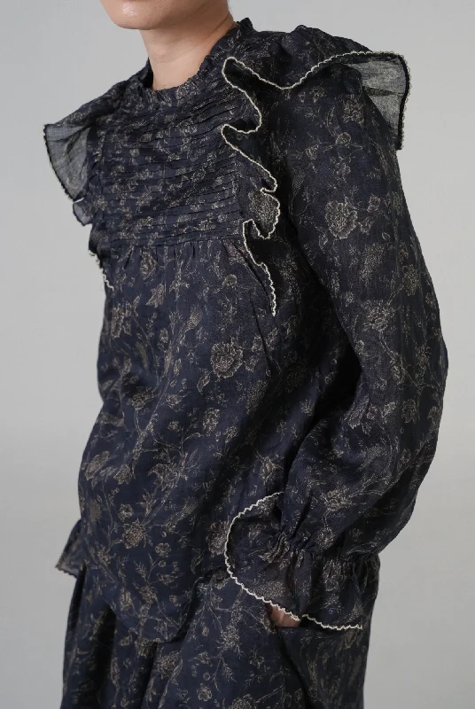 Ruffled Ramie Blouse in Charcoal Floral Print Blouse