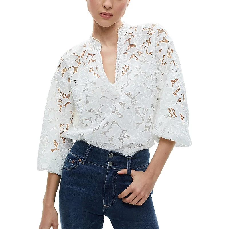 Womens Rosette Eyelet Blouse Chic Square Blouse