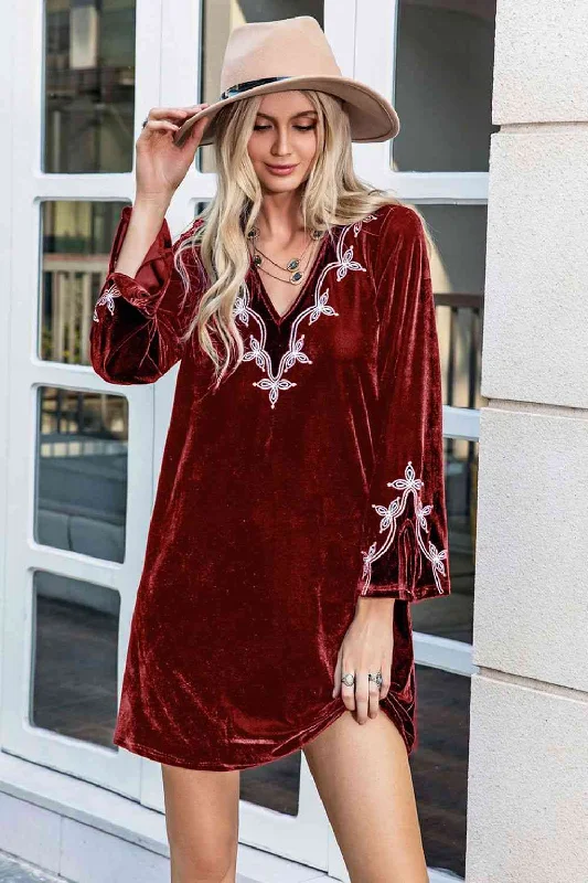 V-Neck Long Sleeve Mini Dress Casual High-Waist Mini Dress