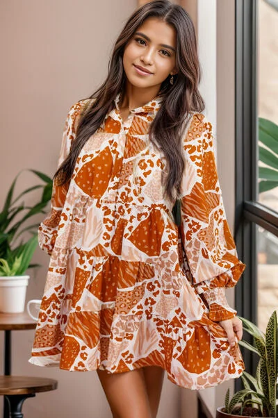 Printed Tiered Half Button Lantern Sleeve Mini Dress Chic Pleated Mini Dress