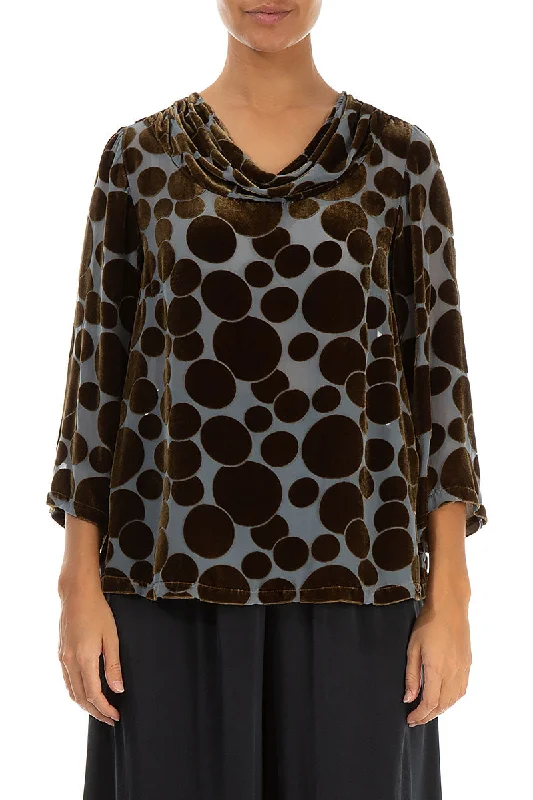 Cowl Neck Devoré Bubbles Golden Sage Silk Velvet Blouse Delicate Bow Blouse