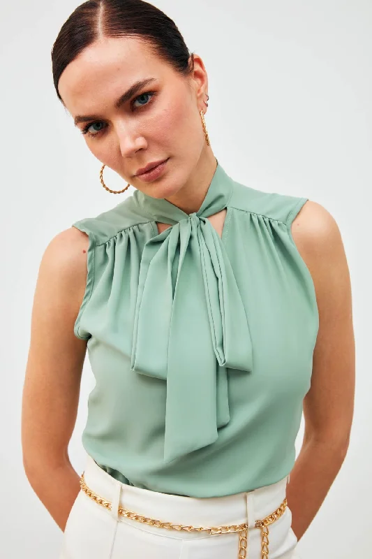 Sleeveless Blouse with Scarf - sage green Feminine Satin Blouse
