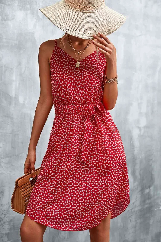 Printed V-Neck Tie Waist Mini Dress Fashionable Party Mini Dress