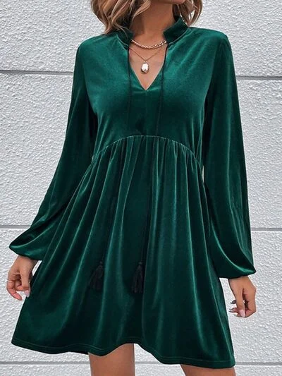 Tied Neck Balloon Sleeve Mini Dress Cozy Knitted Mini Dress