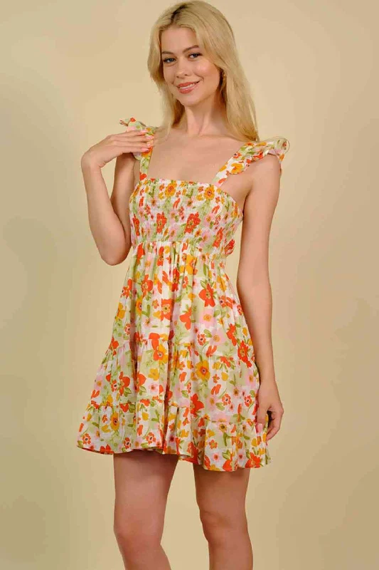 Floral Smocked Square Neck Mini Dress Cozy Knit Mini Dress