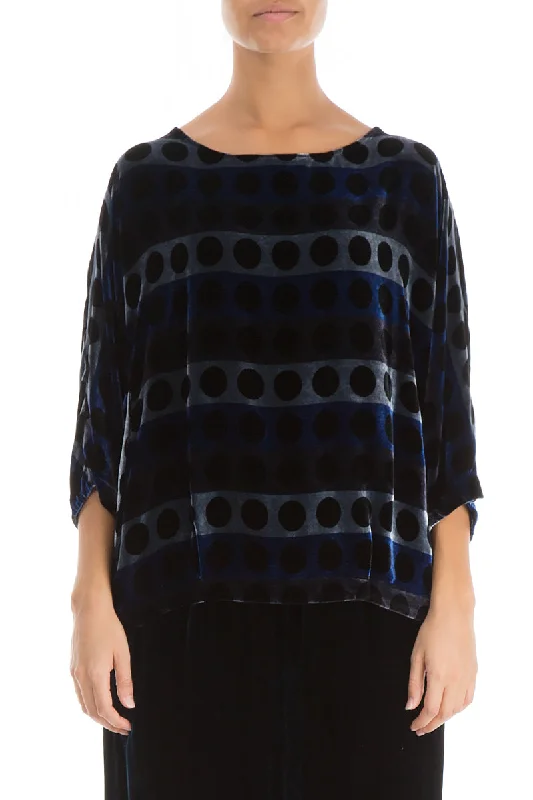 Short Patterned Blue Silk Velvet Blouse Ruched Sleeve Blouse