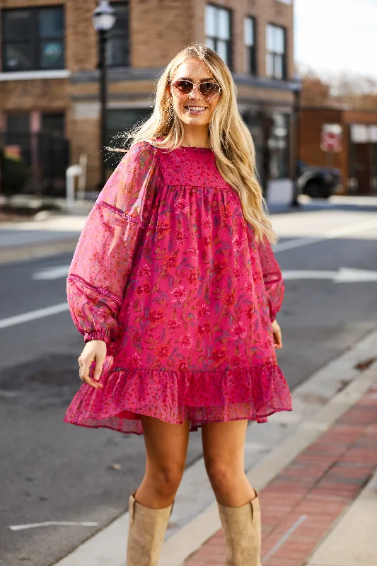 FINAL SALE - Graceful Arrival Magenta Floral Mini Dress Fashionable Mini Dress with Pockets
