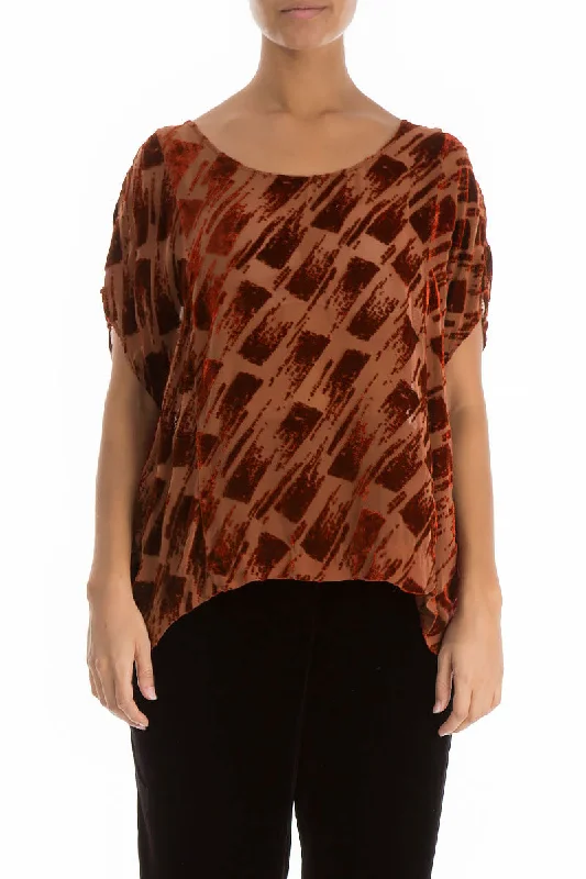 Boxy Devoré Brick Silk Velvet Blouse Satin Drape Blouse