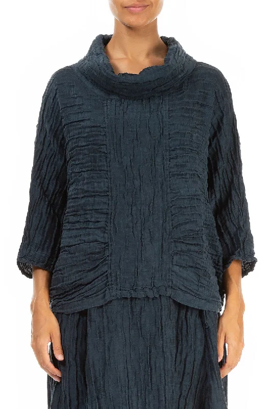 Cowl Neck Crinkled Midnight Blue Silk Blouse Office Formal Blouse
