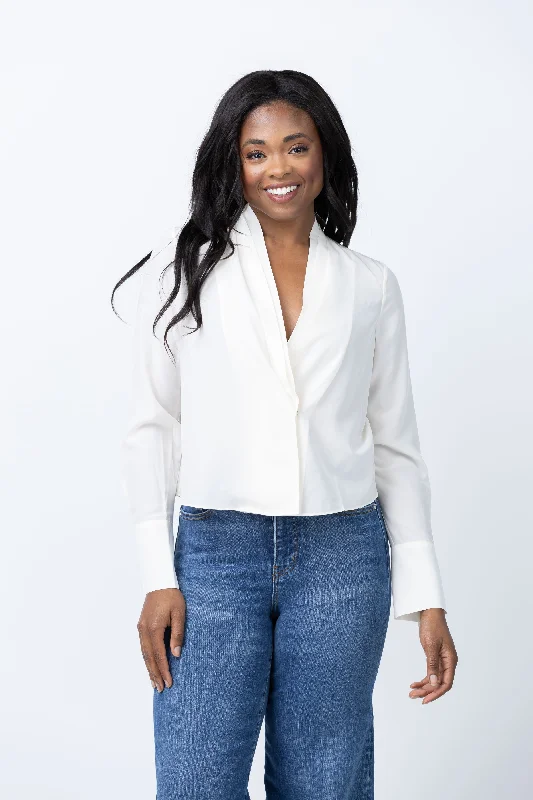 Frame Shawl Collar Blouse in Cream Silky Tunic Blouse