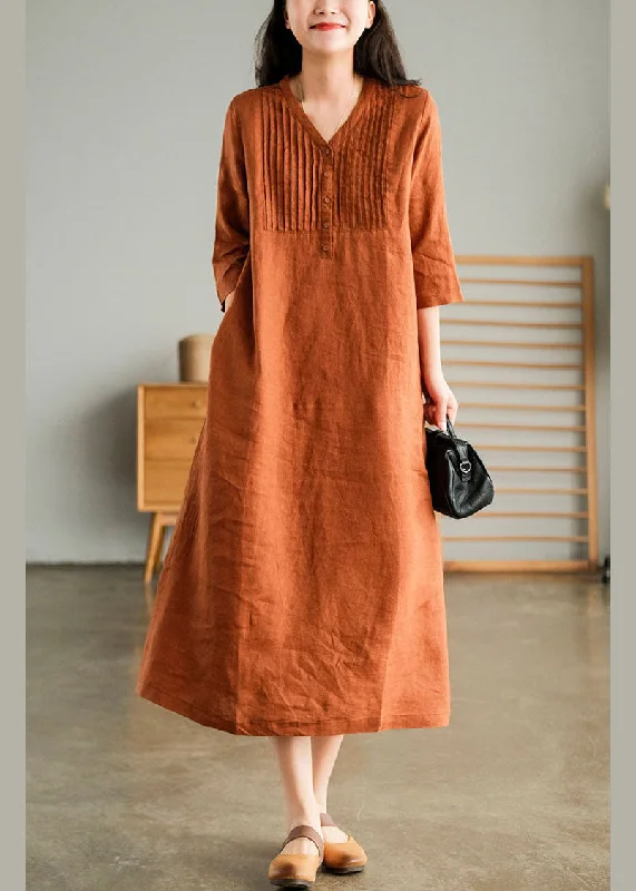Organic Orange V Neck wrinkled Linen Party Dress Half Sleeve Tunics Mesh breathable