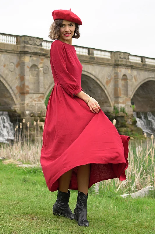 Women A Line Red Pleated Maxi Linen Dress 3576 Tunics Chic elegant