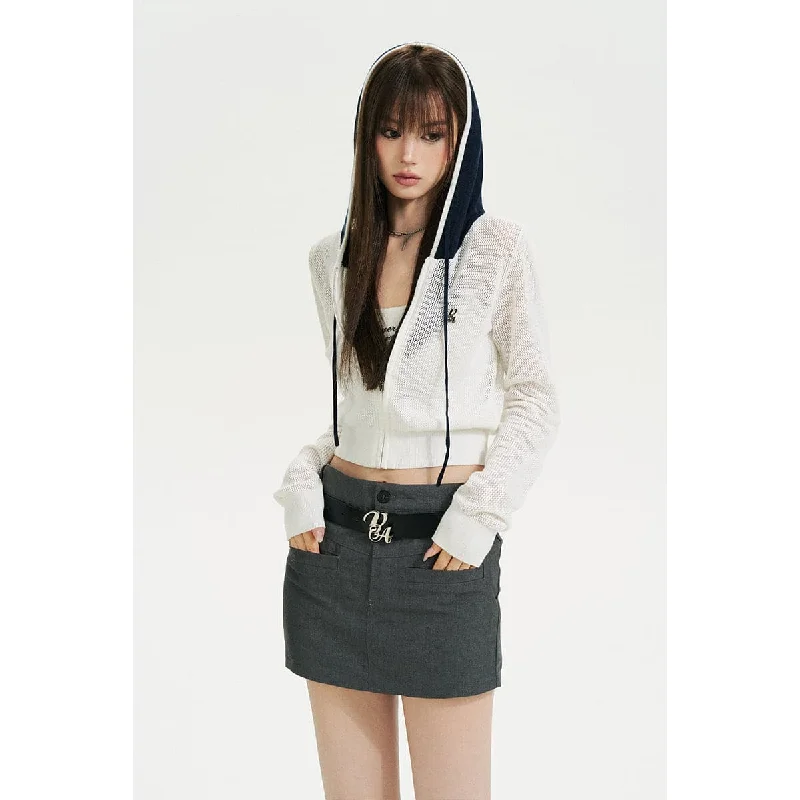 White Color Blocked Knit Short Zip Hoodie Hoodie with Emblem Brand Identity