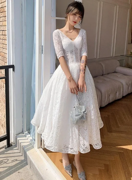 White Lace Short Sleeves Tea Length Wedding Party Dress, White Graduation Dresses Tunics Cozy comfortable