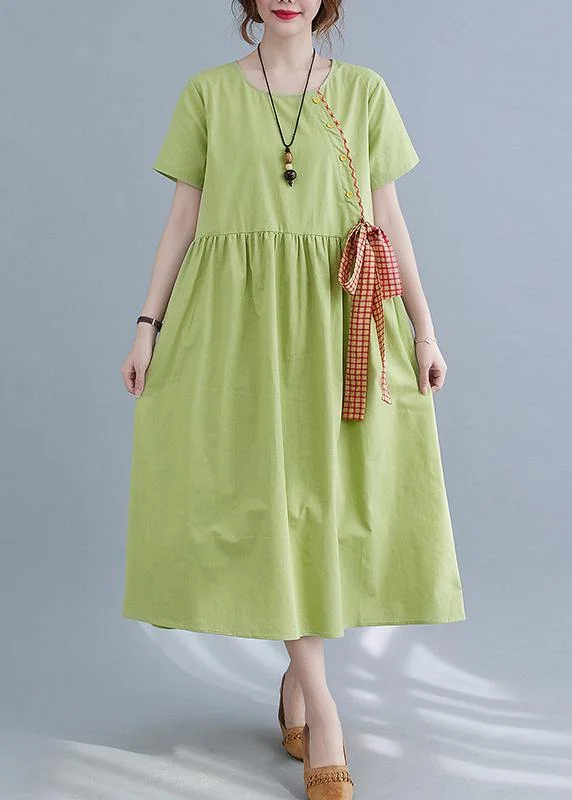 Handmade Green Loose Cotton Linen Summer Party Dress Tunics Stylish modern