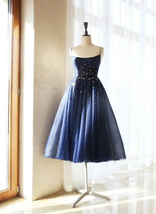 Navy Blue Tulle Straps Short Evening Dress, Blue Lovely Party Dress Prom Dress Chiffon Maxi Beach