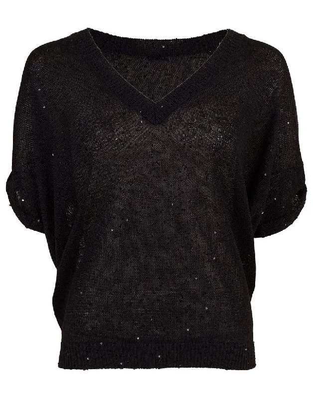 Deep V-Neck Paillette Sweater Welt Pockets Slit Pockets Flap Pockets