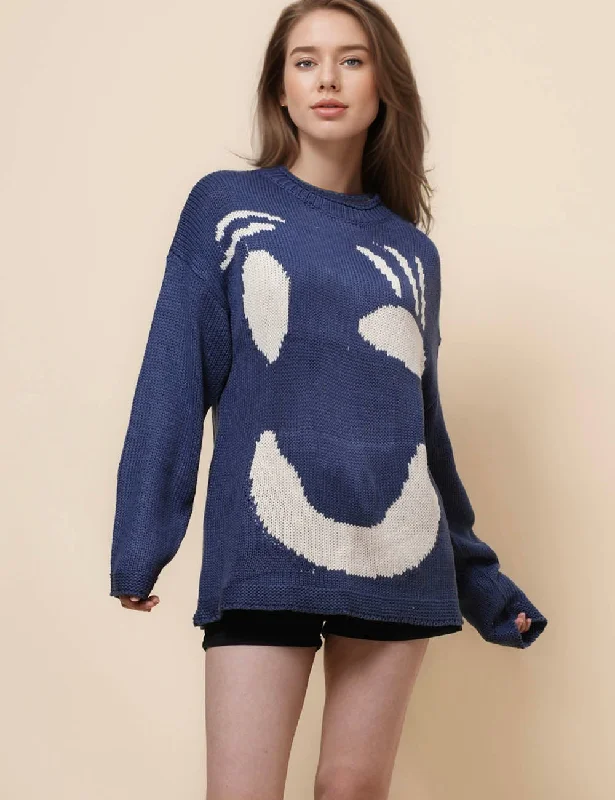 Ladies Color Block Smile Knit Relaxed Sweater SKT41164 Herringbone Houndstooth Plaid