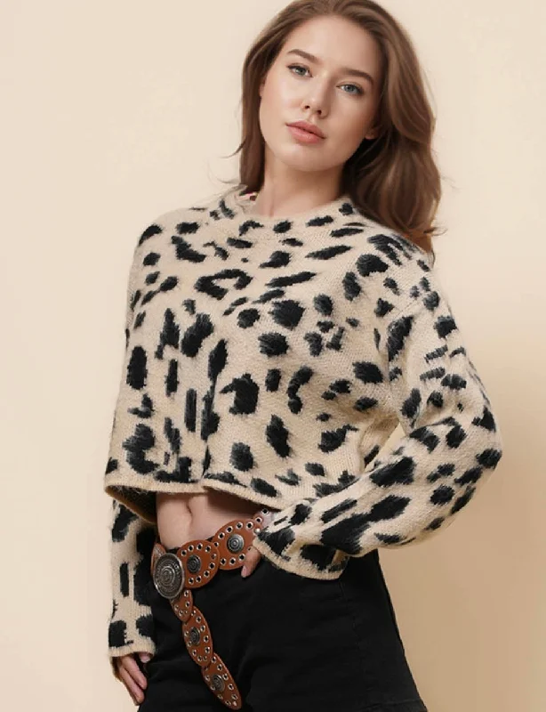 Ladie Leopard Knit Cozy Crop Sweater SKT41165 Velvet Chenille Corduroy