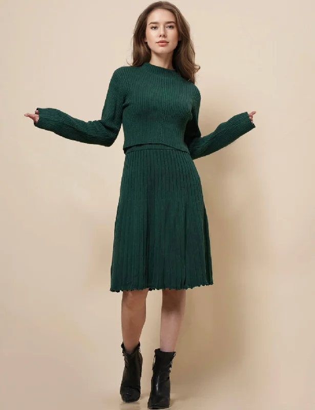 Ladies Sweater Midi Plated Midi Skirt Set SKST41111 Houndstooth Herringbone Solid