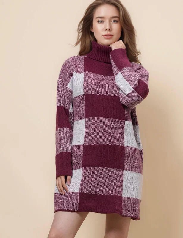 Ladies Christmas Plaid Sweater Mini Dress SKD41157 Lace Blend Ribbed Blend Corduroy Blend