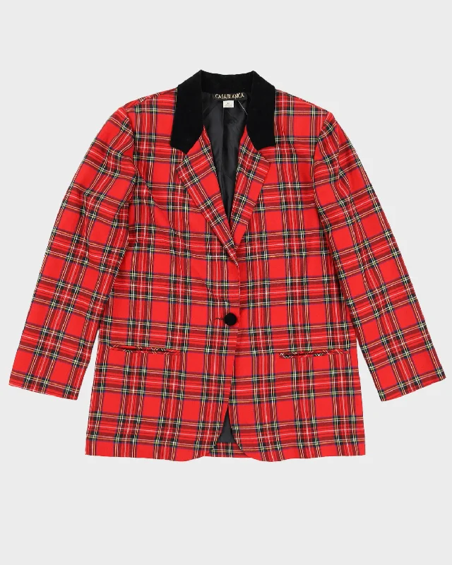 00s Red Tartan Blazer Jacket - L Welt Pockets Slit Pockets Flap Pockets