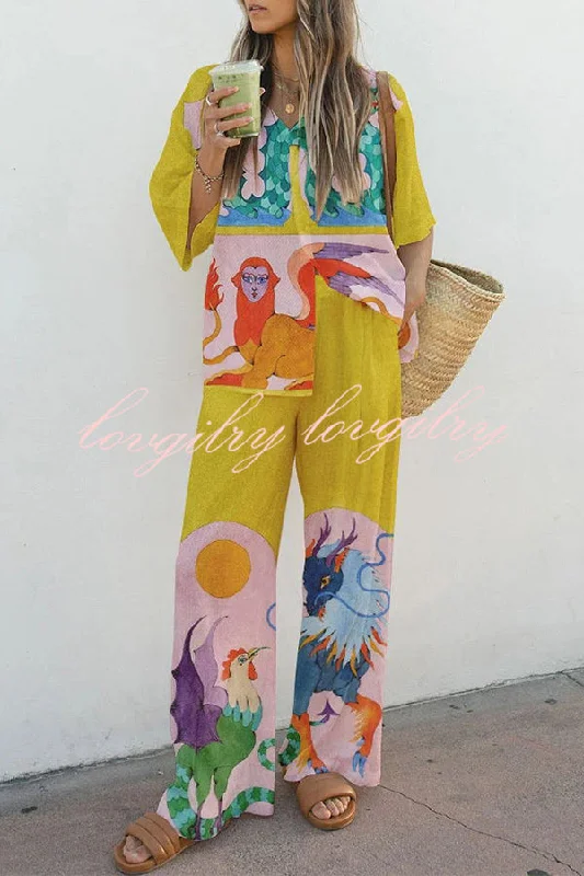Fantastic Beasts Print Button Pockets Elastic Waist Pants Set Stretch Fit Pants