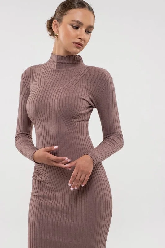 Mock Neck Long Sleeve Sweater Knit Midi Dress Anti-Pilling Anti-Shrink Durable