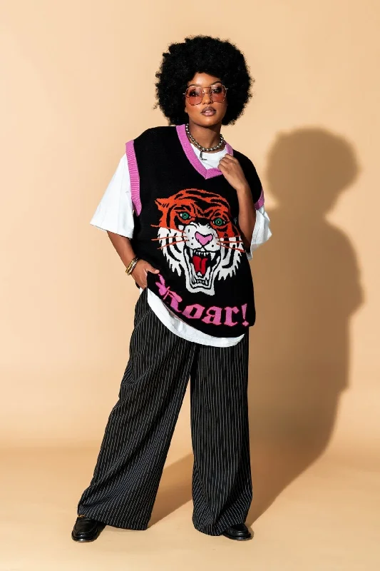 Oversized Sweater Vest in Hear Me Roar Mesh Sweater Canvas Denim
