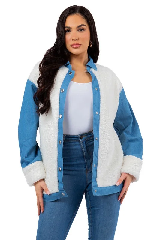 SEXY TEDDY FLEECE  WITH DENIM JACKET Insulated Jacket Fitted Jacket Loose Jacket